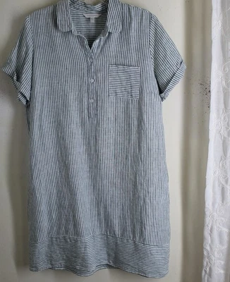 Garnet Hill Sz L Beachy Green White 100% Linen Lagenlook Tunic or Dress 38"Long - Image 1 of 4