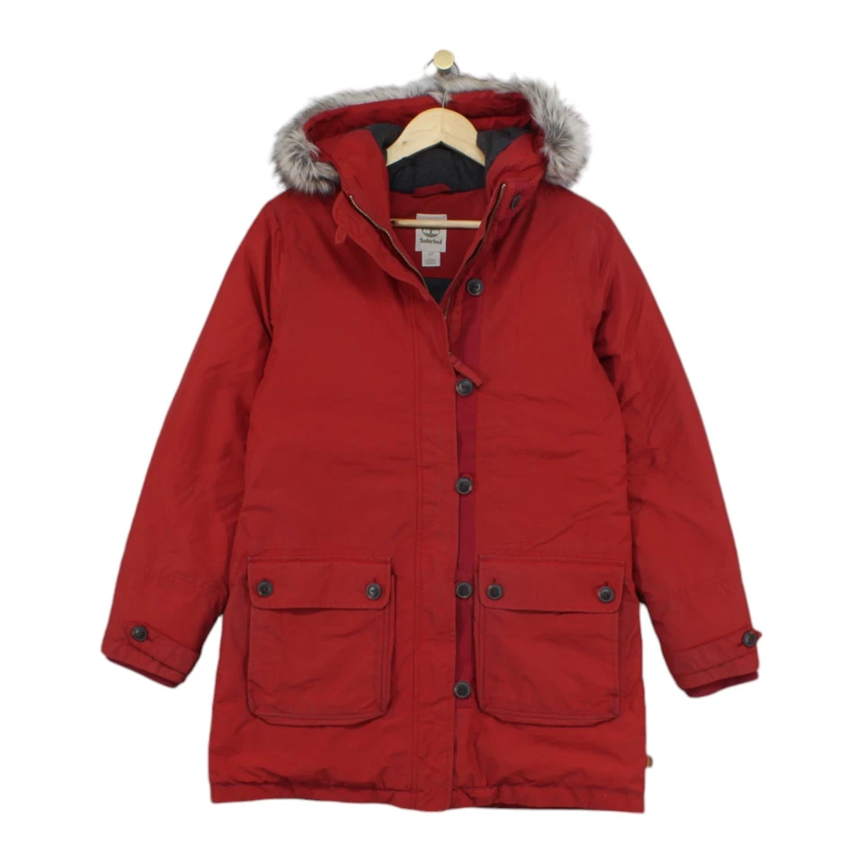 Casaco feminino Timberland Parka tamanho P vermelho zíper completo com capuz isolado - Imagem 1 de 4