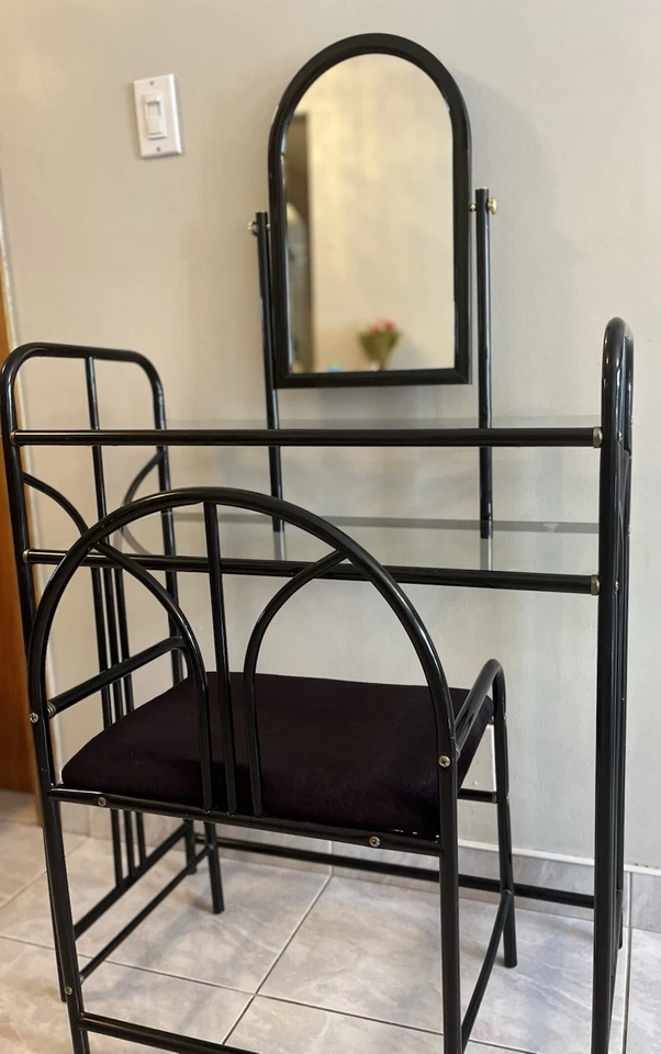 Tocador vintage Art Deco Hollywood tocador/mesa de maquillaje con taburete y espejo Foto 1 de 4