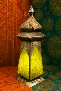 Namaste Moroccan Style Yellow Glass T-Light Holder Lantern 36cm ~ New - Picture 1 of 9