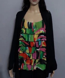 August Silk Sz M Cardigan Black Multicolor Long Sleeve Ruffle Front Vest Blouse - Picture 1 of 12