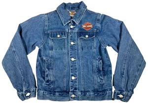 Harley Davidson Youth Size 12/14 Denim Motorcycle Jacket Blue Jean Kids - Picture 1 of 7