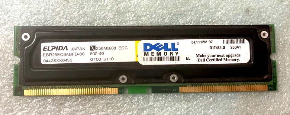 ELPIDA DELL 256 MB RAMBUS MEMORY MODULE EBR25EC8ABFD-8C 800-40 RM2-CMP52-22 - Image 1 of 2