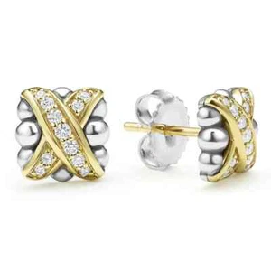 NEW LAGOS *EMBRACE* Two-Tone 925 SILVER & 18K GOLD X DIAMOND STUD Earrings - Picture 1 of 9