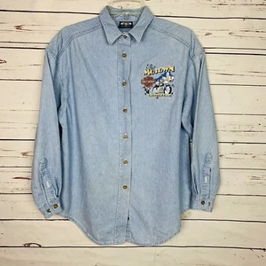 Harley-Davidson Denim Shirt Medium Button Women Embroidered Detroit Motown LS - Picture 1 of 4