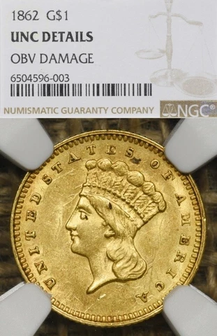 1862 G$1 NGC UNC Details Clashed Dies Indian Princess Large Head Gold Dollar Cover
