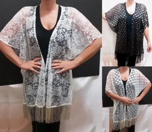 Cardigan Sheer Cover Up Summer Lace M L XL 1X Tassel Fringe Blouse Top Beach Top - Picture 1 of 5