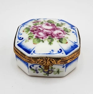 Antique E G Limoge Hinged-Lid Trinket Box with Pink Roses/ Peonies - Picture 1 of 9