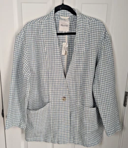 Madewell Linen Dorset Blazer Size Large Blue/ White Gingham Check Lagen Coastal - Picture 1 of 10