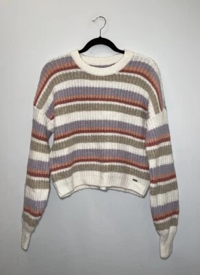 Hollister Cable Knit Purple Green White Striped Sweater Juniors Small NWOT - Image 1 of 4