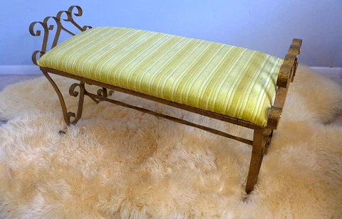 Vintage Gold Scrolled Metal Bench Striped Yellow Velvet Hollywood Regency MCM Cover