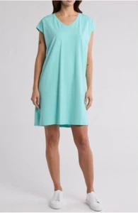 Eileen Fisher NWT Teal Boxy V-Neck Organic Cotton Tee Shirt Dress Sz Large - Picture 1 of 5