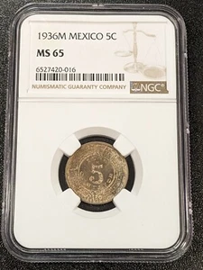 1936 M MS65 Mexico 5 Centavos UNC KM 423 NGC 1st Year Type Coin - Picture 1 of 4