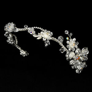 Silver Swarovski Crystal Flower Rhinestone Bridal Wedding Headband Prom Tiara
