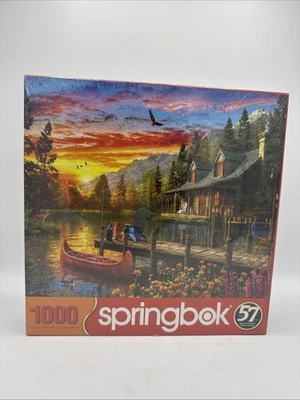 Springbok Jigsaw Puzzle 1000pc Cabin Evening Sunset Complete Cabin Canoe Cat Dog - Image 1 of 2