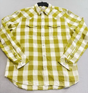 OVERLAND Chartreuse Pearl Snap Cotton Plaid Western Rodeo Shirt Men Large - Picture 1 of 14