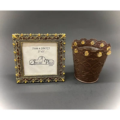 Cast Metal Photo Frame & Votive Candle Holder Set - VTG Victorian Gothic Style  - Image 1 of 4