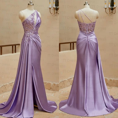 Vestidos de Dama de Honor de Satén de Seda con Dividido Formal Ocasión Vestidos de Noche con Cuentas Foto 1 de 4