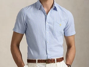 Polo Ralph Lauren RL Untucked Fit Prepster Classic Fit Seersucker Shirt Sz Large - Picture 1 of 15