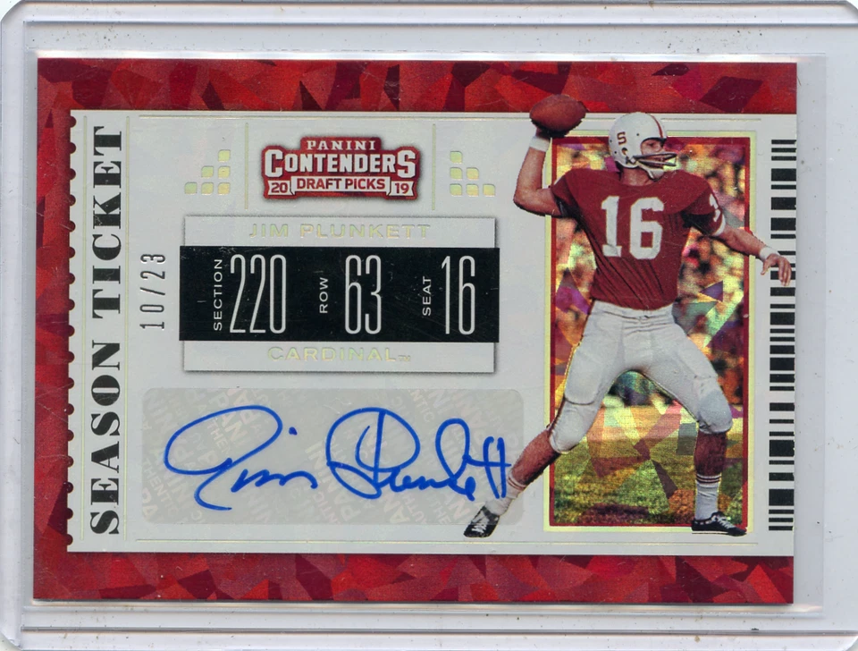2019 CONTENDERS DP #18 JIM PLUNKETT "BILHETE DE TEMPORADA" AUTÓGRAFO #10/23, RAIDERS - Imagem 1 de 1