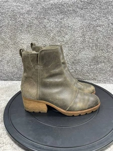 Sorel Boots Womens Size 7 Cate Olive Green Leather Waterproof Side Zip Bootie - Picture 1 of 11