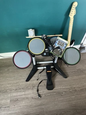 Xbox 360 Rock Band Drum Set Wired BUNDLE w/ Guitar, Game, Microphone Tested Lot - Image 1 of 3