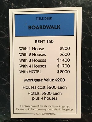 Monopoly  2008  BOARDWALK   Title Deed Card  Replacement Game Piece - Image 1 of 3