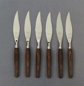 6 Vintage Mode Danish Stainless Steak Knives,Teak Wood Handles, Made in England - Picture 1 of 1