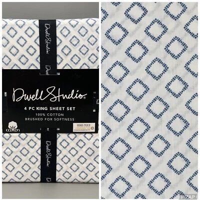 Juego de sábanas Dwell Studio KING 4 piezas diamante azul blanco extra profundo 100 % algodón Foto 1 de 4