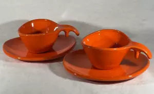 Vintage MCM Bright Orange Cups Saucers 2 Sets Studio Art Handmade ONE OF A KIND - Picture 1 of 18