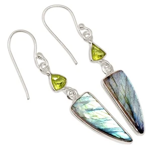 Natural Multi Fire Labradorite & Peridot 925 Silver Earrings Jewelry ALLE-18893 - Picture 1 of 1