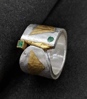 Ring mit Smaragd und Diamant Breite 16 mm, Silber 999, Gold 750, Flamere Design - Bild 1 von 4