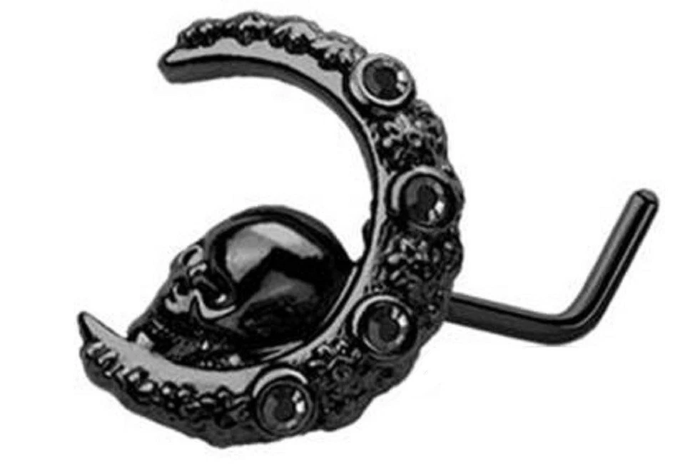 Nose Ring L Bend Stud Skull center moon black ring top - Image 1 of 1