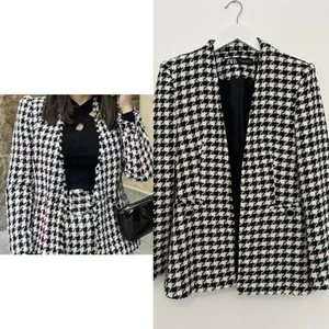 ZARA Black & White Tweed Houndstooth Blazer Jacket Small S 8 10 Trinny bloggers - Picture 1 of 10