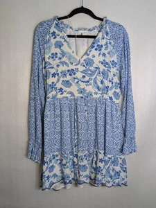 House of Harlow 1960 Bohemian Tiered Dress Blue/White Floral, Cinch Size L - Picture 1 of 8