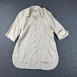 CHICO'S Linen Button Down Shirt Womens Large Beige 3/4 Sleeve Coastal No Iron - Picture 1 of 10