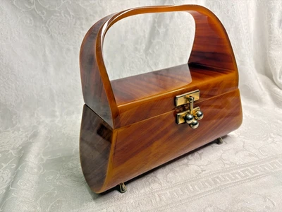 Vintage Uniquely Shaped MYLES ORIGINAL Brown Carmel Amber Marbleize Lucite Purse - Image 1 of 4