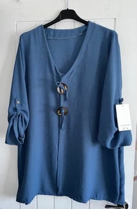 New Italian Lagenlook Blue Button Tunic Top Size Plus 14 16 18 20 Onesize - Picture 1 of 3