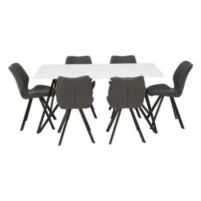 6 Seat Grey Dining Set | White Marble Table & Upholstered Chairs Modern - Image 1 of 4