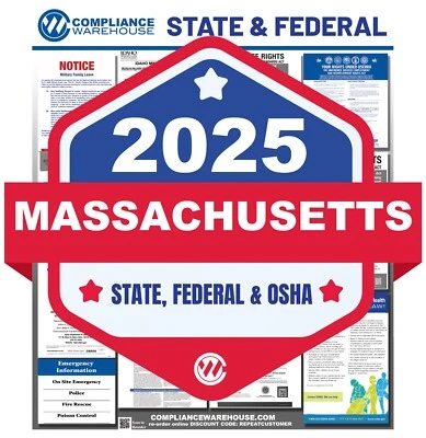 COMPLIANCE WAREHOUSE 2025 Massachusetts MA State/Fed Labor Law In 1 Compliance Poster Paper/Laminated