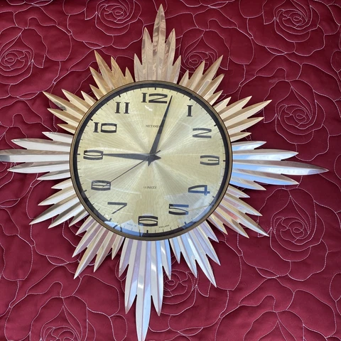 Metamec Starburst Wall Clock Vintage Teak Metal Quartz Cover