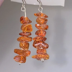Vintage Genuine Amber Chip Dangle Drop Pierced Earrings - Picture 1 of 9
