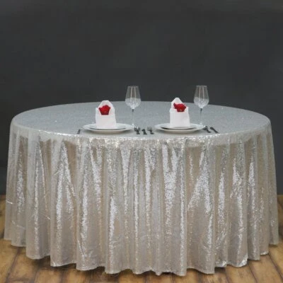 120" Silver SEQUIN ROUND TABLECLOTH Light Gray Party Catering Reception Linens - Image 1 of 4