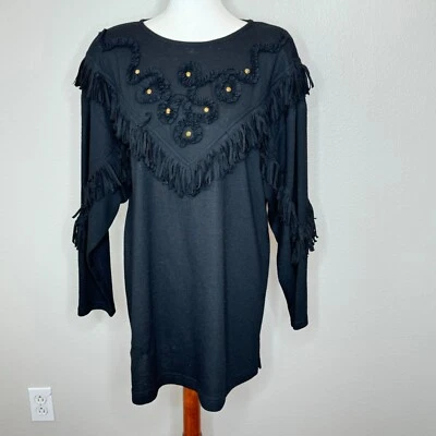 Top negro de lana merino occidental vintage CAROLE LITTLE talla 14 flecos imitación piedra tachuela Foto 1 de 4
