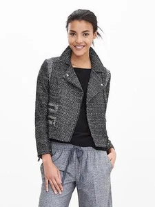 Banana Republic Pieced Moto Jacket, 100% Polyester, Black, Size 14, New w/defect - Picture 1 of 12