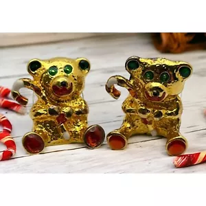 Christmas Teddy Bear Earrings Candy Canes Vintage Gold Tone Studs - Picture 1 of 6
