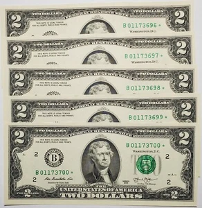 2013 Two Dollars Federal Reserve 5 Notes B01173696* to B01173700* Star  - Picture 1 of 4