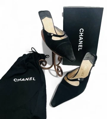 Chanel Logo Sz 37 US7B Suede & Patent Black Mules w/Box & Dust Bags Shoes EUC - Image 1 of 4