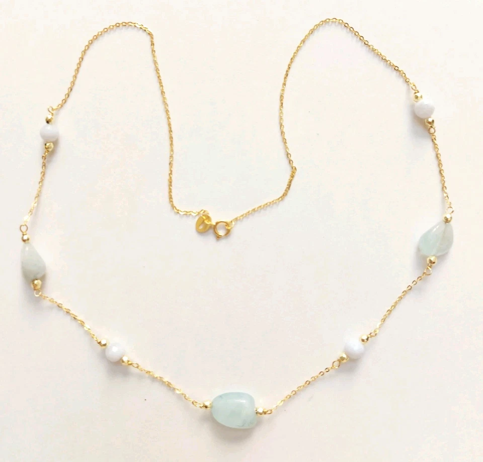 Collana in argento 925 laminata in oro con acquamarina calcedonio ematite dorata - Immagine 1 di 4