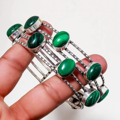 Bracciale fatto a mano in argento 925 con pietra preziosa malachite verde... - Immagine 1 di 2